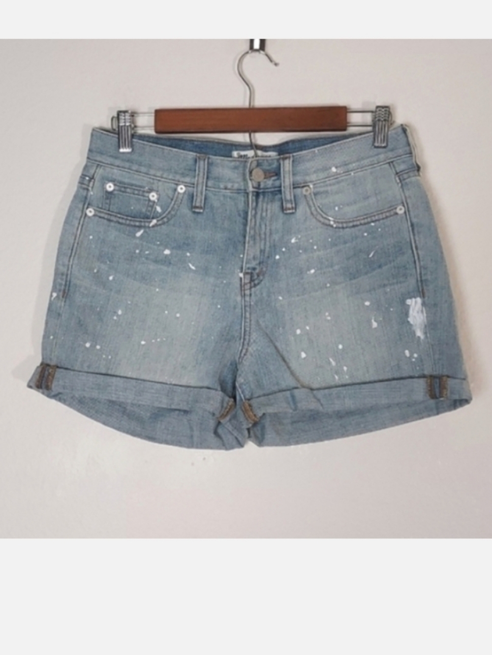 Madewell Jean Shorts High Rise Paint Splatter Lightwash Boy Denim Blue Size 26